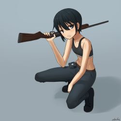 Rule 34 | 1girl, absurdres, akts625, artist name, bare shoulders, belt, belt pouch, between legs, black eyes, black footwear, black hair, black sports bra, boots, breasts, brown belt, closed mouth, collarbone, commentary, expressionless, from above, from side, grey background, gun, hair between eyes, hand between legs, highres, holding, holding weapon, kino (kino no tabi), kino no tabi, light blush, looking at viewer, looking to the side, looking up, midriff, original, over shoulder, pouch, romaji commentary, shadow, short hair, shotgun, signature, small breasts, sports bra, squatting, tomboy, underwear, weapon, weapon over shoulder