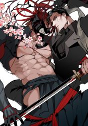 Rule 34 | 2boys, abs, bara, black hair, fate/grand order, fate (series), flower, formal, gauntlets, gloves, hakama, highres, hug, japanese clothes, katana, long hair, mask, multiple boys, muscular, muscular male, navel, necktie, nipples, no male underwear, pants, pectorals, red hair, scarf, shiba ten, suit, sword, takechi zuizan (fate), tanaka shinbei (fate), topless, topless male, weapon, yaoi