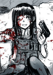Rule 34 | 1girl, :d, black hair, blood, blood on clothes, blood on face, blood splatter, blunt bangs, body armor, broken bone, broken wall, commentary request, dress shirt, greyscale, gun, guro, handgun, hat, highres, hime cut, holding, holding gun, holding pistol, holding weapon, injury, long hair, long sleeves, looking at viewer, military, military uniform, monochrome, neko zukin, one eye closed, open mouth, original, pants, pistol, pouch, shirt, sidelocks, sitting, sleeves rolled up, smile, solo, spot color, tareme, teeth, uniform, upper teeth only, vest, wall, weapon, white shirt, wing collar