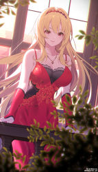 Rule 34 | balcony, bare shoulders, blonde hair, breasts, cleavage, collarbone, colored skin, commentary request, detached sleeves, dress, headband, highres, idolmaster, idolmaster cinderella girls, jewelry, kurosaki chitose, lace, lace-trimmed dress, lace trim, large breasts, leaf, long hair, mizuki makoto, nail polish, necklace, plant, red dress, red eyes, smile, solo, white skin, window