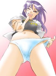Rule 34 | 00s, 1girl, brown eyes, from below, gradient background, green green, hair ornament, hairclip, isou doubaku, jacket, kutsuki futaba, long hair, looking at viewer, no pants, one eye closed, open mouth, panties, panty pull, pointing, pointing at viewer, purple hair, red eyes, simple background, solo, thighs, underwear, upshirt, wink