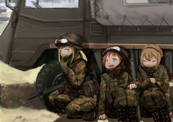 Rule 34 | 3girls, assault rifle, blonde hair, blue eyes, boots, brown hair, bulletproof vest, goggles, goggles on head, gun, helmet, howa type 89, isuzu skw type 73, kneeling, laughing, looking at another, looking back, matome, military, military truck, military uniform, military vehicle, motor vehicle, multiple girls, original, ponytail, pouch, rifle, sig sauer, sig sg550, sitting, smile, soldier, squatting, truck, uniform, vehicle, weapon