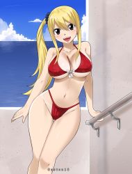 Rule 34 | 1girl, absurdres, artist name, bikini, blonde hair, breasts, brown eyes, cleavage, collarbone, contrapposto, fairy tail, gaston18, highres, long hair, looking at viewer, lucy heartfilia, navel, open mouth, red bikini, side ponytail, sky, smile, solo, stomach, swimsuit, thick thighs, thigh gap, thighs, water, wide hips