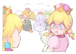 Rule 34 | +++, 2boys, 4girls, armlet, black dress, blonde hair, blue eyes, blush, bowsette, bracelet, braid, commentary request, crown, dress, earrings, elbow gloves, gloves, hair between eyes, horns, jewelry, long hair, luigi, luigi&#039;s mansion, mario, mario (series), multiple boys, multiple girls, new super mario bros. u deluxe, nintendo, open mouth, peachette, pink dress, ponytail, princess king boo, princess peach, puffy short sleeves, puffy sleeves, shaded face, sharp teeth, short sleeves, simple background, sketch, spikes, squatting, super crown, teeth, turtle shell, twin braids, uso (ameuzaki), wavy mouth, white background