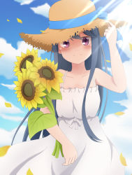 Rule 34 | 1girl, arm at side, blue bow, blue hair, blue ribbon, blue sky, bow, cloud, commentary request, dress, flower, flying, hair between eyes, hair down, hand on headwear, hat, hat ribbon, holding, holding flower, leaf, light blush, long hair, nuts tuna, off-shoulder dress, off shoulder, petals, purple eyes, ribbon, shima rin, sidelocks, sky, sleeveless, smile, solo, spaghetti strap, straw hat, sundress, sunflower, sunlight, wind, wind lift, yurucamp