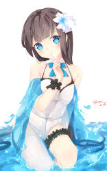 Rule 34 | 1girl, absurdres, artist name, asymmetrical legwear, bare shoulders, blue bow, blue eyes, blush, bow, breasts, brown hair, cleavage, dated, detached collar, dgle3370, finger to mouth, flower, hair flower, hair ornament, hand up, highres, kneeling on water, long hair, looking at viewer, medium breasts, original, smile, solo, thigh strap, thighhighs, uneven legwear, very long hair, water