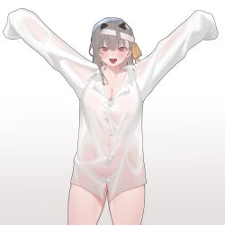 Rule 34 | 1girl, :d, arms up, bandaged head, bandages, breasts, cleavage, goddess of victory: nikke, grey hair, hair ribbon, large breasts, long hair, looking at viewer, modernia (first affection) (nikke), modernia (nikke), off-shoulder shirt, off shoulder, official alternate costume, open mouth, red eyes, ribbon, rounan58287, shirt, sidelocks, simple background, smile, solo, white background, white shirt, yellow ribbon