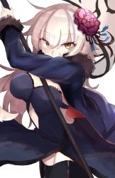 Rule 34 | 1girl, absurdres, black dress, black thighhighs, blonde hair, breasts, cleavage, coat, covered mouth, dress, fate/grand order, fate (series), flag, flower, fur coat, hair flower, hair ornament, highres, holding, holding flag, jeanne d&#039;arc (fate), jeanne d&#039;arc alter (fate), jeanne d&#039;arc alter (ver. shinjuku 1999) (fate), large breasts, long hair, looking at viewer, official alternate costume, purple flower, ranf, simple background, solo, standard bearer, thighhighs, white background, yellow eyes