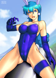 Rule 34 | 1girl, animal ears, bare legs, bare shoulders, blue gloves, blue hair, breasts, rabbit ears, cameltoe, cleavage, cloud, covered navel, earrings, elbow gloves, fake animal ears, female focus, gloves, highres, hikaru (parodius), jewelry, large breasts, legband, legs, leotard, long hair, looking at viewer, missile, open mouth, parodius, playboy bunny, purple eyes, qkat (arikawa-dou), sitting, sky, smile, solo, thighs
