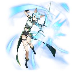 Rule 34 | 1girl, animal ears, arm strap, armor, asymmetrical sleeves, black footwear, black ribbon, black shorts, blue eyes, blue hair, boots, bow, bow (weapon), breastplate, cat ears, cat tail, detached sleeves, firing, full body, green sleeves, hair ribbon, highres, holding, holding bow (weapon), holding weapon, looking down, midriff, navel, official art, ribbon, short hair with long locks, short shorts, shorts, sidelocks, single sleeve, sinon (sao-alo), smile, solo, stomach, sword art online, tail, thigh strap, transparent background, uneven sleeves, weapon