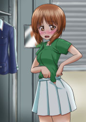 Rule 34 | 10s, 1girl, blue jacket, blurry, blurry background, blush, brown eyes, brown hair, caught, depth of field, embarrassed, from side, girls und panzer, green shirt, indoors, jacket, unworn jacket, locker, locker room, long sleeves, looking at viewer, military, military uniform, miniskirt, nishizumi miho, ooarai military uniform, open clothes, open mouth, open skirt, pleated skirt, shirt, short hair, short sleeves, skirt, solo, standing, t k, undressing, uniform, wavy mouth, white skirt
