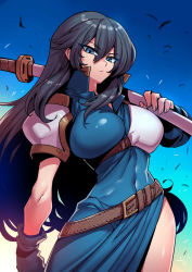 Rule 34 | 1girl, armor, ayra (fire emblem), belt, belt buckle, black hair, blue eyes, breasts, buckle, dress, fire emblem, fire emblem: genealogy of the holy war, gloves, highres, holding, holding weapon, large breasts, long hair, looking at viewer, muneate, nintendo, shoulder armor, side slit, solo, solo focus, sword, tukiwani, weapon