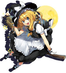 Rule 34 | 1girl, apron, blonde hair, blue eyes, bobby socks, broom, female focus, full moon, gloves, hand on headwear, hat, kirisame marisa, long hair, luna (reclaimed land), moon, open mouth, sidesaddle, smile, socks, solo, touhou, waist apron, white gloves, witch, witch hat