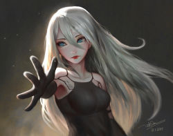 Rule 34 | 1girl, 2017, android, arm at side, armlet, armpits, bare shoulders, black gloves, blue eyes, breasts, closed mouth, collarbone, dao trong le, dated, elbow gloves, eyelashes, gloves, hair between eyes, highres, joints, lips, long hair, looking away, medium breasts, mole, mole under mouth, nier (series), nier:automata, no pupils, nose, outstretched arm, reaching, reaching towards viewer, red lips, robot joints, signature, silver hair, skin tight, sleeveless, solo, sparkle, spread fingers, tank top, upper body, a2 (nier:automata)