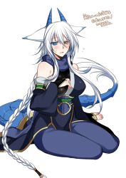 Rule 34 | 1girl, alternate costume, animal ears, bare shoulders, barefoot, blue eyes, blush, breasts, bridal gauntlets, dragon horns, dragon tail, flying sweatdrops, fox ears, full body, heterochromia, horns, konshin, large breasts, long hair, looking at viewer, open mouth, orange eyes, orie hakua, pixiv fantasia, pixiv fantasia new world, silver hair, simple background, sitting, smile, solo, tail, toeless legwear, toes, very long hair, white background