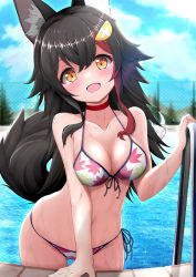 Rule 34 | 1girl, :d, animal ears, bakko, bikini, black hair, breasts, chain-link fence, fence, highres, hololive, leaf print, long hair, medium breasts, multicolored hair, ookami mio, ookami mio (hololive summer 2019), open mouth, orange eyes, pool, red hair, smile, swimsuit, tail, two-tone hair, virtual youtuber, water, wet, wolf ears, wolf girl, wolf tail
