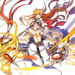 Rule 34 | 1girl, armlet, black thighhighs, blue eyes, boots, braid, commentary request, copyright name, dress, fingerless gloves, full body, garter straps, gloves, headgear, high heels, holding, kamihime project r, layered skirt, leg up, long hair, looking at viewer, navel, official art, open mouth, orange hair, original, overskirt, ribbon, simple background, skirt, smile, sol (kamihime), solo, staff, thighhighs, very long hair, white background, zettai ryouiki