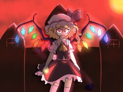 Rule 34 | 1girl, ascot, back bow, blonde hair, bow, collared shirt, cowboy shot, crystal, fangs, flandre scarlet, frilled shirt collar, frilled skirt, frilled sleeves, frills, gatotat0, glowing, glowing wings, hat, hat ribbon, highres, large bow, looking at viewer, medium hair, mob cap, multicolored wings, one side up, open mouth, outdoors, puffy short sleeves, puffy sleeves, red background, red eyes, red ribbon, red skirt, red vest, ribbon, scarlet devil mansion, shirt, short sleeves, skirt, solo, teeth, touhou, upper teeth only, vest, white bow, wings, yellow ascot