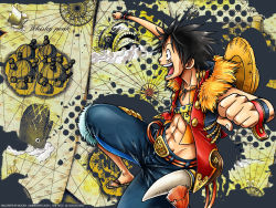 Rule 34 | 1boy, black hair, clenched hand, fish, hat, highres, jumping, laboon, male focus, map, monkey d. luffy, muscular, one piece, open clothes, open shirt, sandals, scar, ship, shirt, smile, solo, straw hat, wallpaper, watercraft, whale