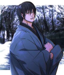 Rule 34 | 1boy, adrienwithane (ap00c), bare tree, black hair, fushiguro touji, hair between eyes, hands in opposite sleeves, head tilt, japanese clothes, jujutsu kaisen, kimono, looking at viewer, male focus, official alternate costume, scar, scar on face, scar on mouth, short hair, snow, tree, upper body