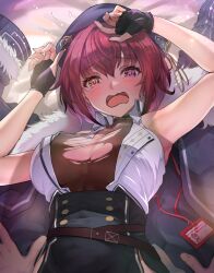 Rule 34 | 1girl, arms up, black gloves, fingerless gloves, gloves, heterochromia, highres, hololive, houshou marine, omoti (1201208), red hair, tearing up, tears, torn clothes, virtual youtuber