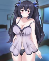 Rule 34 | bare shoulders, black hair, breasts, cleavage, exhausted, highres, linegerie, long hair, matrixjudge, medium breasts, neptune (seires), neptune (series), noire (neptunia), open mouth, panties, pants, red eyes, ribbon, thighs, tsundere, twintails, underwear, very long hair