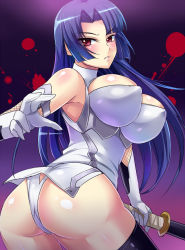 Rule 34 | 00s, 1girl, ass, axe, bare shoulders, barefoot, battle axe, black background, blue hair, bouncing breasts, breasts, covered erect nipples, curvy, dress, elbow gloves, female focus, gloves, gradient background, hime cut, holding, huge ass, huge breasts, katana, long hair, looking at viewer, looking back, nishida megane, no bra, panties, pelvic curtain, purple background, red eyes, shiny skin, short dress, solo, standing, sword, taimanin (series), taimanin asagi, taimanin murasaki, taut clothes, thong, underwear, weapon, white background, white panties, yatsu murasaki