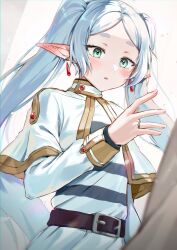 Rule 34 | 1girl, :o, absurdres, belt buckle, blush, buckle, capelet, drop earrings, ear blush, earrings, elf, frieren, glint, grey hair, highres, jewelry, long hair, long sleeves, looking at object, luzzi (milllim), parted bangs, pointy ears, ring, shirt, solo, sousou no frieren, striped clothes, striped shirt, twintails, upper body, very long hair, white capelet