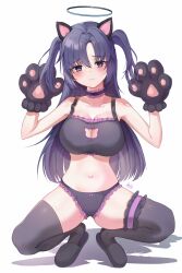 Rule 34 | 1girl, absurdres, alternate costume, animal hands, black bra, black panties, black thighhighs, blue archive, blush, bra, cat cutout, cat lingerie, choker, cleavage cutout, clothing cutout, frilled choker, frills, gloves, halo, hands up, highres, looking at viewer, meme attire, mexa (maplexanai), navel, panties, paw gloves, purple eyes, purple hair, simple background, solo, spread legs, squatting, stomach, thighhighs, two side up, underwear, white background, yuuka (blue archive)