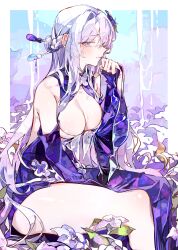 Rule 34 | 1girl, absurdres, bare shoulders, blue dress, blue sleeves, breasts, cleavage, cocoballking, commentary request, commission, crying, crying with eyes open, detached sleeves, dress, flower, flower request, gradient hair, hair flower, hair ornament, hairstyle request, highres, large breasts, long hair, multicolored clothes, multicolored dress, multicolored hair, original, pixiv commission, purple eyes, purple flower, sitting, solo, tears, thighhighs, very long hair, white dress, white hair