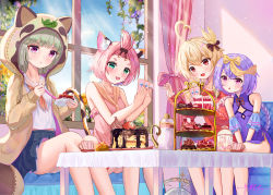 Rule 34 | 4girls, :d, absurdres, aged up, alternate costume, animal ear fluff, animal ears, ass, bangs pinned back, benzi li, blue sky, blunt bangs, bow, braid, cake, cake stand, card, casual, cat ears, cat girl, cat tail, china dress, chinese clothes, chocolate cake, cloud, cloudy sky, collarbone, commentary request, contemporary, couch, cup, curtains, detached sleeves, diona (genshin impact), dress, eating, fake animal ears, fake tail, feather hair ornament, feathers, food, forehead, genshin impact, green eyes, grey hair, hair between eyes, hair bow, hair ornament, hair ribbon, halo, highres, holding, holding card, holding plate, holding spoon, jiangshi, klee (genshin impact), leaf, leaf on head, light brown hair, long hair, long sleeves, looking at another, looking at viewer, looking away, low ponytail, low twintails, mechanical halo, multiple girls, ofuda, open mouth, orange eyes, pink hair, plate, playing card, pleated skirt, purple eyes, purple hair, qiqi (genshin impact), raccoon ears, raccoon hood, raccoon tail, ribbon, sayu (genshin impact), school uniform, serafuku, short hair, sidelocks, single braid, sitting, skirt, sky, sleeveless, smile, spoon, strawberry shortcake, sunlight, table, tablecloth, tail, teacup, teapot, twintails, under table, window