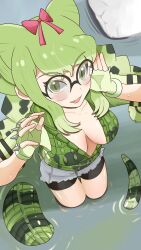 Rule 34 | 1girl, absurdres, bike shorts, bike shorts under shorts, black hair, blush, bow, braid, collarbone, commentary request, cutoffs, denim, denim shorts, fang, fingerless gloves, glasses, gloves, green eyes, green gloves, green hair, green shirt, green vest, hair bow, highres, kemono friends, lizard tail, long hair, multicolored hair, ookii yama, open mouth, partially submerged, red bow, reptile girl, scales, shirt, short shorts, short sleeves, shorts, sidelocks, solo, spectacled caiman (kemono friends), tail, twin braids, vest, wading