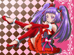 Rule 34 | 1girl, argyle, argyle background, argyle clothes, arm warmers, black hat, bow, choker, cure magical, cure magical (ruby style), cure magical ruby style, earrings, full body, hair bow, hanzou, hat, izayoi liko, jewelry, long hair, looking at viewer, magical girl, mahou girls precure!, mini hat, mini witch hat, pantyhose, pink background, precure, purple eyes, purple hair, red bow, red footwear, red skirt, red thighhighs, riko (mahou girls precure!), ruby style, shoes, sitting, skirt, smile, solo, star (symbol), star earrings, striped, striped bow, thighhighs, twintails, witch hat