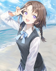 Rule 34 | 1girl, :d, absurdres, arm up, beach, blue bow, blue skirt, blue sky, bow, braid, breasts, brown hair, cloud, cloudy sky, collared shirt, commentary request, day, dress shirt, highres, horizon, jas (annkoromochi), long hair, long sleeves, looking at viewer, ocean, open mouth, original, outdoors, plaid, plaid skirt, pleated skirt, purple eyes, sand, school uniform, shirt, skirt, sky, small breasts, smile, solo, sweater vest, v over eye, water, white shirt