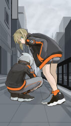 Rule 34 | 1boy, 1girl, black jacket, blonde hair, city, cloud, cloudy sky, facing away, green eyes, grey pants, highres, hunched over, jacket, leaning forward, looking at viewer, looking back, maka albarn, matching outfits, orange stripes, outdoors, pants, road, sanma (sss sss ssu), short shorts, shorts, skull ornament, sky, soul eater, soul evans, squatting, street, striped clothes, striped jacket, twintails, vertical-striped clothes, vertical-striped jacket, white hair
