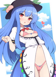 Rule 34 | 1girl, adapted costume, black hat, blue hair, blush, bra, breasts, cameltoe, center frills, collared shirt, cowboy shot, frills, fruit hat ornament, hat, hat ornament, heart, highres, hinanawi tenshi, long hair, looking at viewer, open mouth, panties, peach hat ornament, pink bra, pink panties, puffy short sleeves, puffy sleeves, rainbow order, red eyes, revealing clothes, rizento, shirt, short sleeves, small breasts, solo, touhou, underwear, white shirt