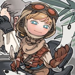 Rule 34 | 1boy, 1girl, animification, apex legends, beige scarf, black gloves, blue eyes, bright pupils, brown headwear, caustic (apex legends), gloves, hair behind ear, ham (hamhampy), head tilt, helmet, holding, holding paper, holding pen, leaf, looking to the side, outlands explorer wattson, own hands together, paper, pen, smile, tanabata, wattson (apex legends), white pupils, writing