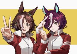 Rule 34 | 2girls, absurdres, animal ears, bojue (hakus 1128), brown hair, clenched hand, closed mouth, eyepatch, hair over one eye, hand up, high collar, highres, horse ears, jacket, long sleeves, multicolored hair, multiple girls, open mouth, outstretched arm, purple hair, reaching, reaching towards viewer, red jacket, shirt, short hair, smile, streaked hair, tanino gimlet (umamusume), track jacket, umamusume, upper body, v, vodka (umamusume), white shirt, yellow eyes