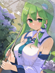 Rule 34 | 1girl, bare shoulders, blush, breasts, closed mouth, detached sleeves, flower, frog hair ornament, green eyes, green hair, hair between eyes, hair ornament, highres, holding, holding umbrella, japanese clothes, kochiya sanae, large breasts, long hair, nontraditional miko, purple flower, puuakachan, revision, smile, snake hair ornament, solo, touhou, transparent, transparent umbrella, umbrella, upper body, wet, wet clothes, white sleeves, wide sleeves