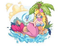 Rule 34 | 1girl, bare arms, bare shoulders, beach, blonde hair, blue eyes, blush, breasts, cleavage, cloud, crown, earrings, flower, flower necklace, hair flower, hair ornament, highres, jewelry, large breasts, lips, long hair, looking at viewer, lying, mario (series), mermaid, monster girl, mrkashkiet, necklace, nintendo, on side, one eye closed, palm tree, parted lips, princess peach, shell, shell bikini, solo, tree, water, white background, wink