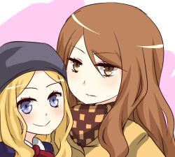 Rule 34 | 2girls, age difference, beret, black headwear, blonde hair, blue eyes, blue shirt, brown coat, brown eyes, brown hair, brown jacket, brown scarf, closed mouth, coat, commentary request, expressionless, frenda seivelun, hair between eyes, hat, height difference, i.u.y, jacket, light blush, long hair, looking at viewer, mugino shizuri, multiple girls, neck ribbon, pink background, plaid, plaid scarf, portrait, ribbon, scarf, school uniform, shirt, smile, toaru majutsu no index, toaru majutsu no index: old testament, wavy hair