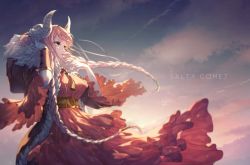 Rule 34 | 1girl, absurdres, belt, braid, breasts, dress, frilled sleeves, frills, from side, highres, hood, horns, jewelry, long hair, looking to the side, miwerjooggetser, necklace, open mouth, original, pink hair, solo, twin braids, yellow eyes