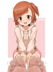 Rule 34 | 1girl, aomoro, artist name, barefoot, blurry, blurry foreground, blush, border, brown eyes, brown hair, brown hoodie, character request, commentary, copyright request, depth of field, feet, foot focus, foreshortening, hands on own thighs, high-waist shorts, highres, hood, hood down, hoodie, legs together, long sleeves, looking at viewer, medium hair, motion lines, on ground, one side up, open mouth, parted bangs, pink background, pink shorts, shorts, sitting, smile, soles, solo, symbol-only commentary, teeth, toes, upper teeth only, white border