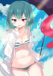 Rule 34 | 1girl, bikini, blush, breasts, cowboy shot, hair between eyes, hand to own mouth, heart, heterochromia, highres, long sleeves, looking at viewer, medium breasts, navel, open mouth, short hair, solo, striped bikini, striped clothes, swimsuit, tatara kogasa, te toga, tongue, touhou, wet, wet clothes, wet hair
