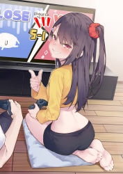 Rule 34 | 1girl, ass, asymmetrical bangs, barefoot, black hair, black shorts, blouse, controller, crop top, feet, from behind, game console, game controller, grin, hair ornament, hair scrunchie, holding, long hair, long sleeves, looking at viewer, looking back, midriff, narrow waist, one side up, original, playstation controller, red eyes, scrunchie, shirt, short shorts, shorts, sidelocks, smile, smug, soles, solo focus, tears, television, thighs, toes, tokuno yuika, v-shaped eyebrows, wooden floor, yellow shirt