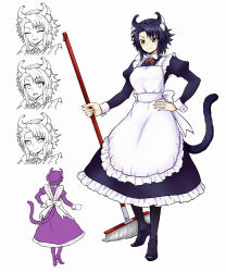 Rule 34 | 1girl, animal ear fluff, animal ears, apron, black pantyhose, blush, brooch, broom, cat ears, cat tail, closed mouth, dress, expressions, green eyes, hand on own hip, highres, holding, holding broom, itou yuuji, jewelry, juliet sleeves, long sleeves, looking at viewer, original, pantyhose, puffy sleeves, purple dress, purple footwear, shoes, short hair, simple background, smile, tail, white apron, white background, wing collar, wrist cuffs