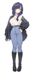 Rule 34 | 1girl, :o, absurdres, aningay, black footwear, black jacket, blue pants, boots, braid, breasts, brown shirt, copyright request, denim, full body, hair over shoulder, highres, holding, jacket, jeans, knee boots, large breasts, long hair, long sleeves, off shoulder, open clothes, open jacket, pants, parted lips, puffy long sleeves, puffy sleeves, purple eyes, purple hair, shirt, simple background, single braid, sleeves past wrists, solo, standing, thumb in pocket, white background