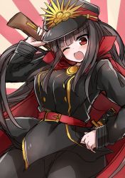 Rule 34 | ;d, belt, black hair, blush, breasts, cape, fate/grand order, fate (series), hand on own hip, hat, katana, koha-ace, large breasts, long hair, military, military uniform, oda nobunaga (fate), oda nobunaga (koha-ace), ohitashi netsurou, one eye closed, open mouth, peaked cap, red eyes, smile, solo, sunburst, sword, uniform, very long hair, weapon