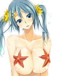 Rule 34 | 1girl, bad id, bad pixiv id, blue eyes, blue hair, breasts, fins, head fins, huge breasts, living clothes, matching hair/eyes, original, otogi (s in w), simple background, solo, starfish, twintails, upper body, wet, white background