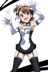 Rule 34 | 1girl, absurdres, alternate costume, bare shoulders, bridal gauntlets, brown eyes, brown hair, elbow gloves, enmaided, frills, futami ami, gloves, highres, idolmaster, idolmaster (classic), maid, maid headdress, short hair, side ponytail, simple background, smile, solo, swimsuit, thighhighs, tokiani, white gloves